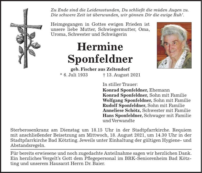 Traueranzeige Hermine Sponfeldner