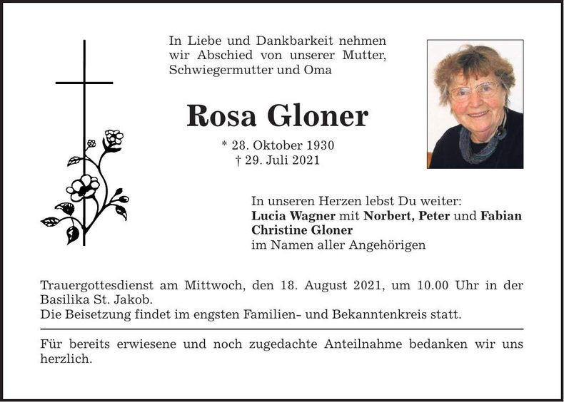 Traueranzeige Rosa Gloner