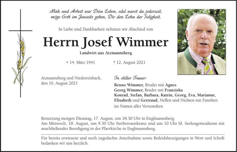 Traueranzeige Josef Wimmer