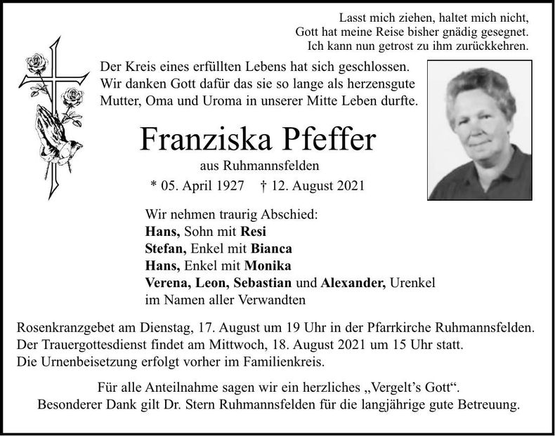 Traueranzeige Franziska Pfeffer