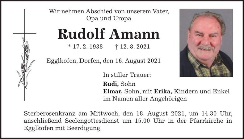Traueranzeige Rudolf Amann