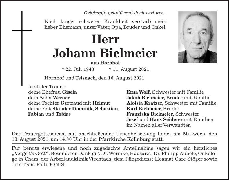 Traueranzeige Johann Bielmeier