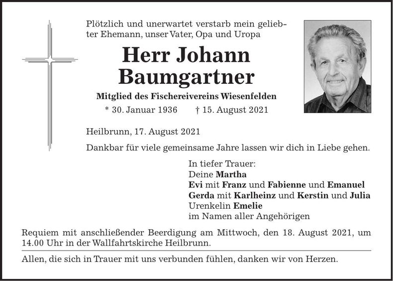 Traueranzeige Johann Baumgartner