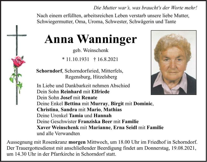 Traueranzeige Anna Wanninger