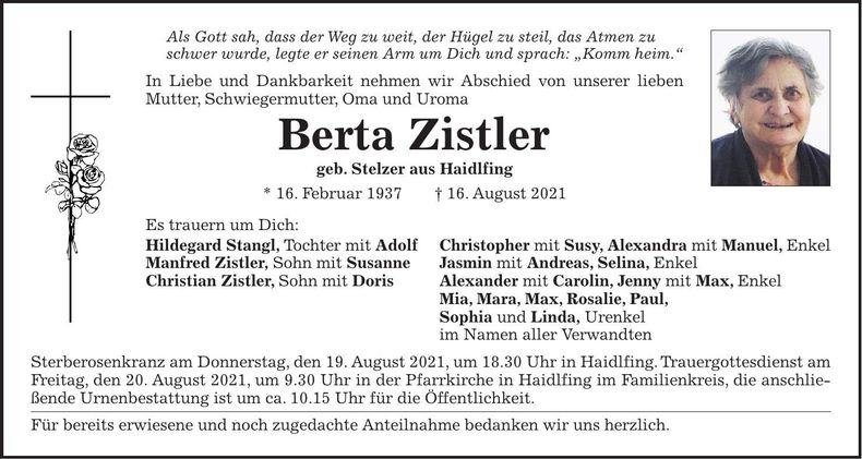 Traueranzeige Berta Zistler