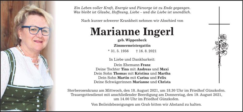 Traueranzeige Marianne Ingerl