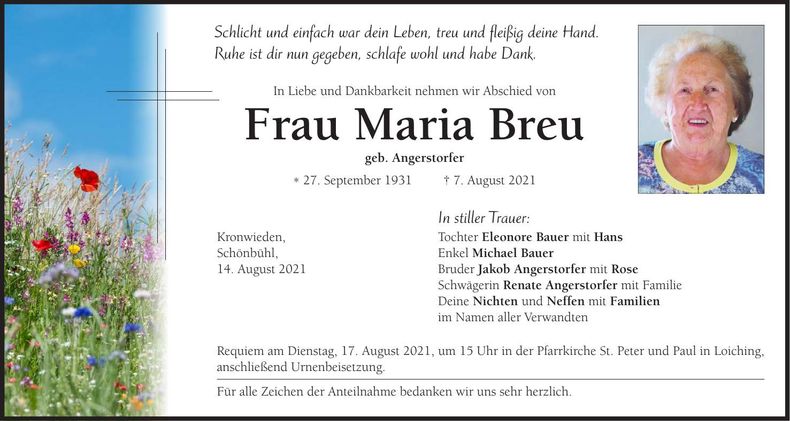 Traueranzeige Maria Breu