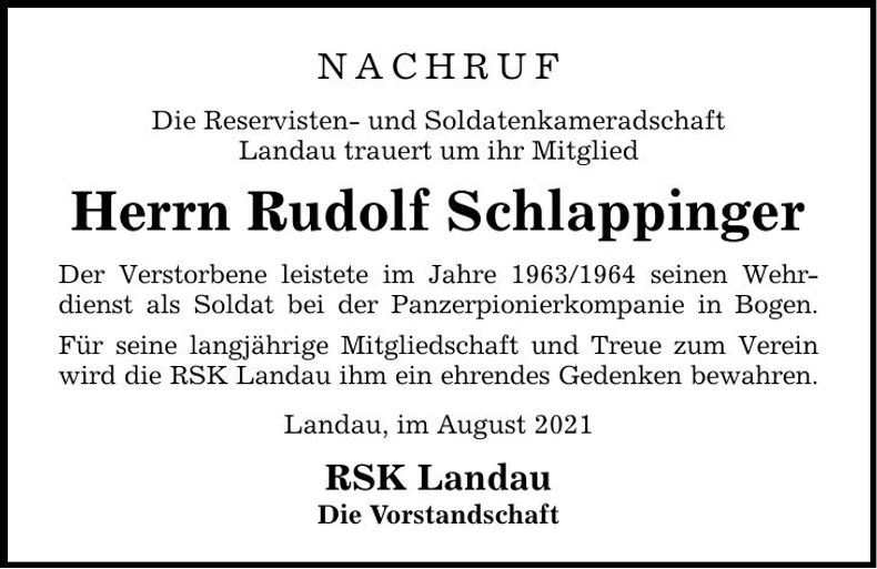 Traueranzeige Rudolf Schlappinger