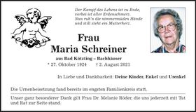 Traueranzeige Maria Schreiner