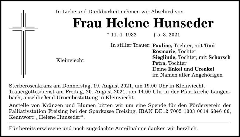 Traueranzeige Helene Hunseder