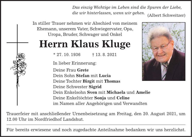 Traueranzeige Klaus Kluge