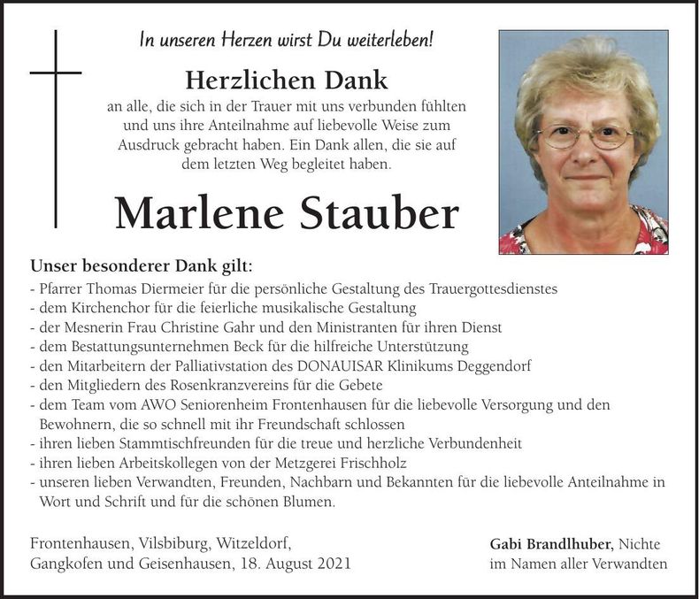 Traueranzeige Marlene Stauber