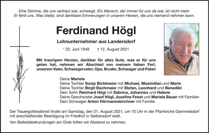 Traueranzeige Ferdinand Högl