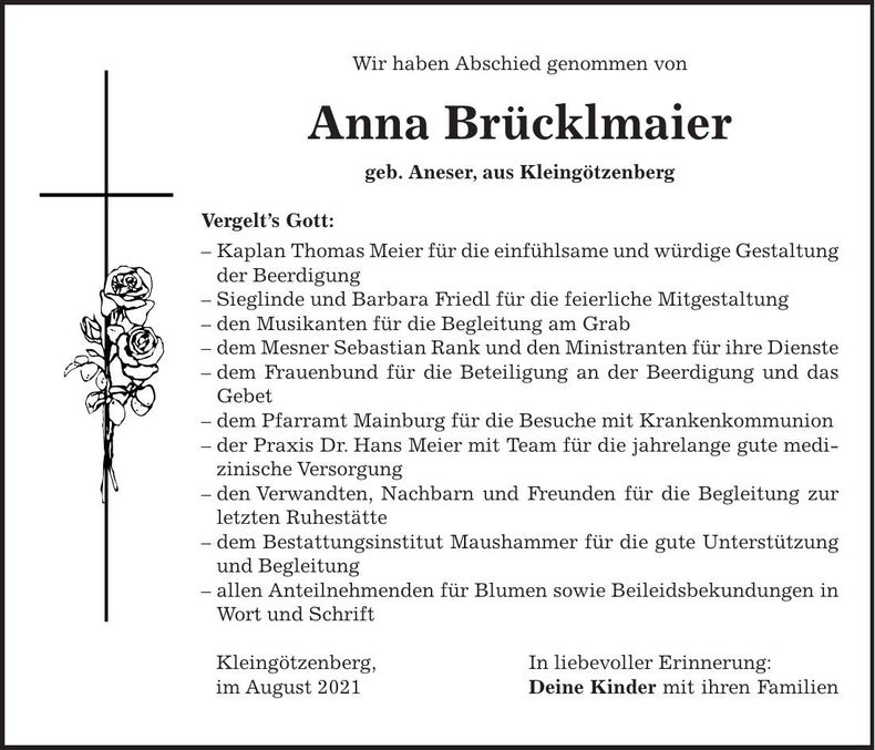 Traueranzeige Anna Brücklmaier