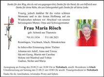 Traueranzeige Maria Rösch