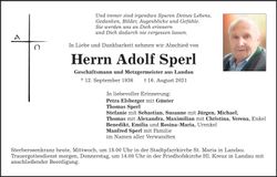 Traueranzeige Adolf Sperl