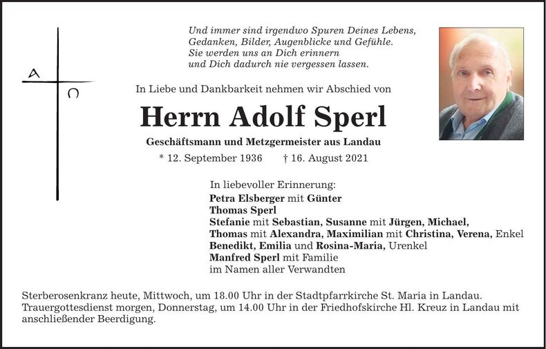 Traueranzeige Adolf Sperl