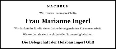 Traueranzeige Marianne Ingerl