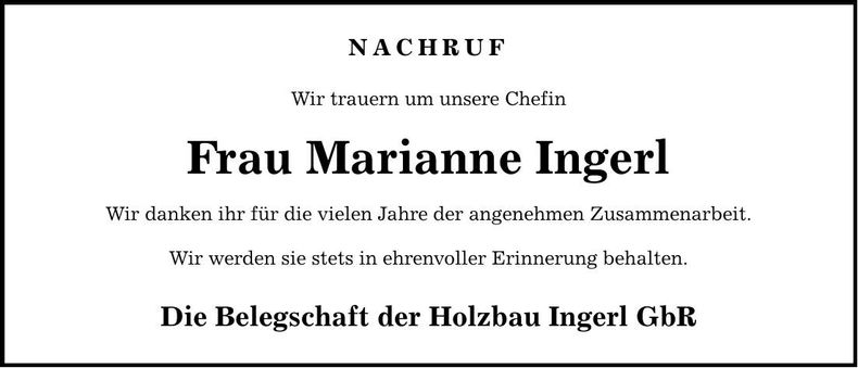 Traueranzeige Marianne Ingerl