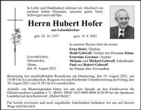 Traueranzeige Hubert Hofer
