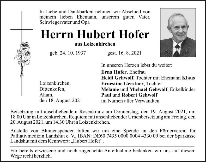 Traueranzeige Hubert Hofer