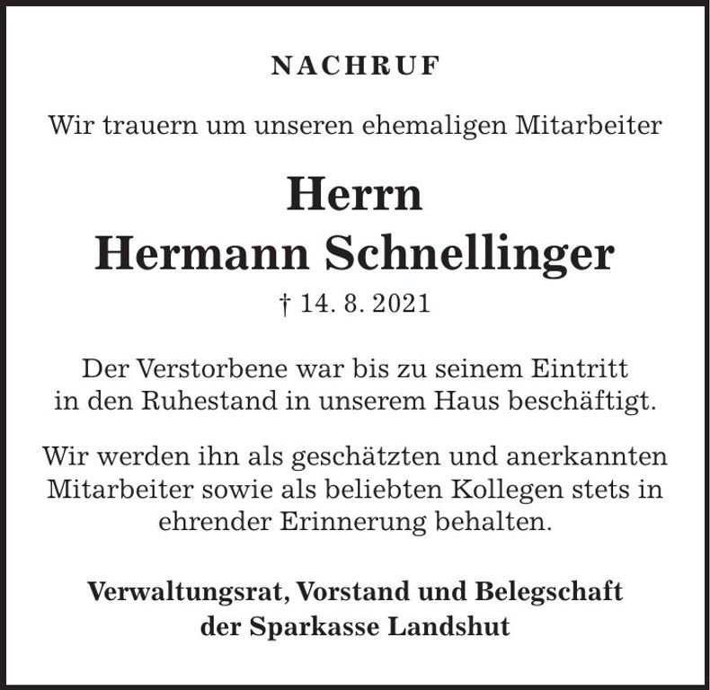 Traueranzeige Hermann Schnellinger