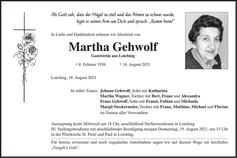 Traueranzeige Martha Gehwolf
