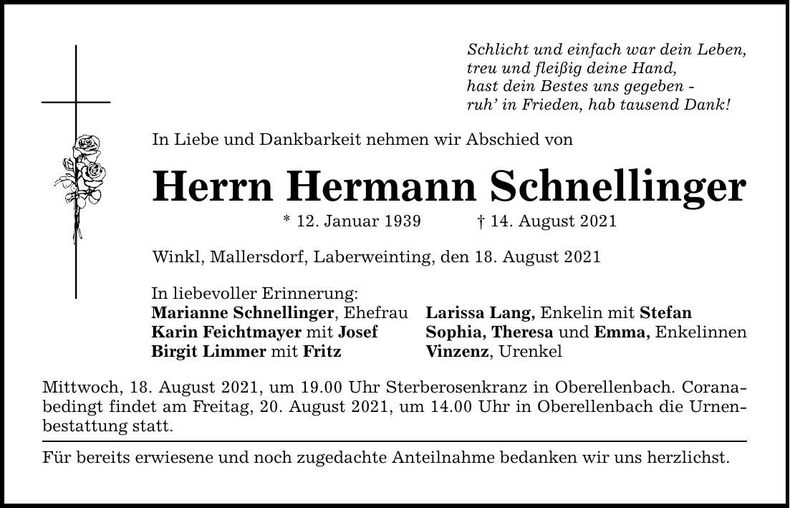 Traueranzeige Hermann Schnellinger