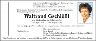 Traueranzeige Waltraud Gschlößl