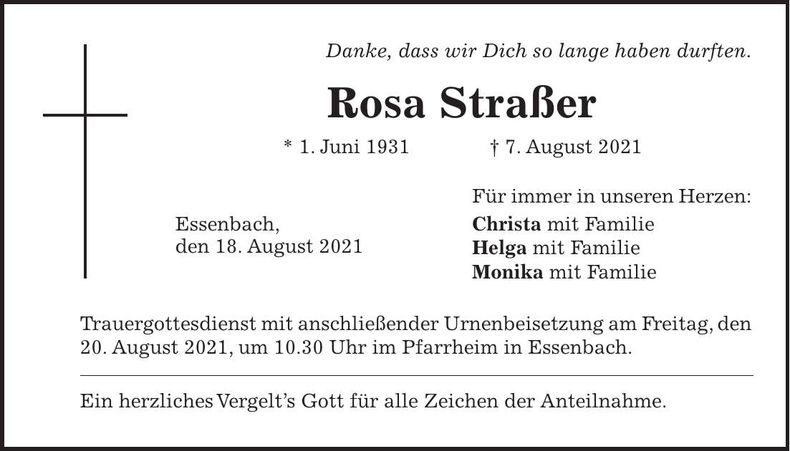 Traueranzeige Rosa Strasser