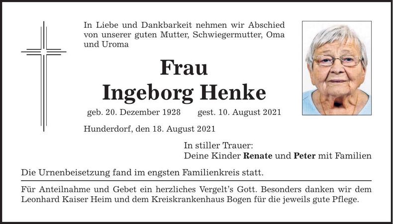 Traueranzeige Ingeborg Henke