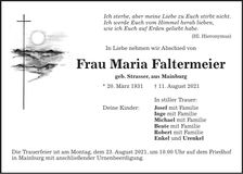 Traueranzeige Maria Faltermeier