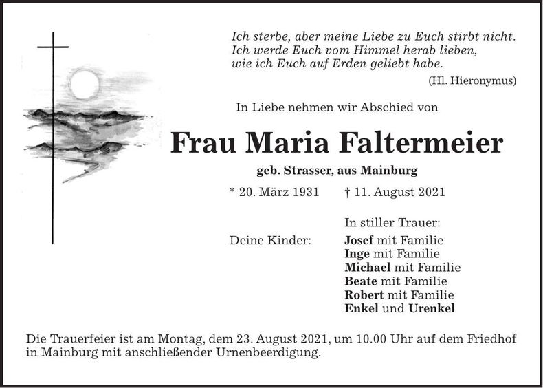 Traueranzeige Maria Faltermeier
