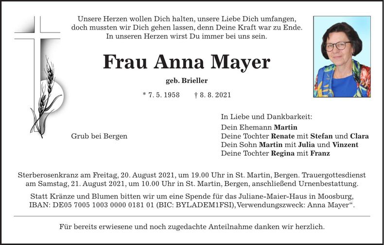 Traueranzeige Anna Mayer