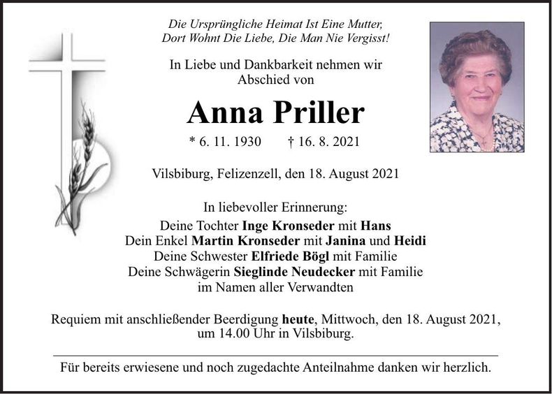 Traueranzeige Anna Priller