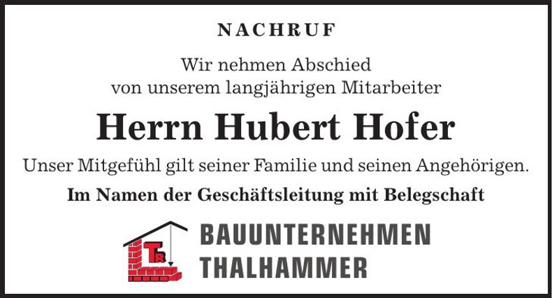 Traueranzeige Hubert Hofer