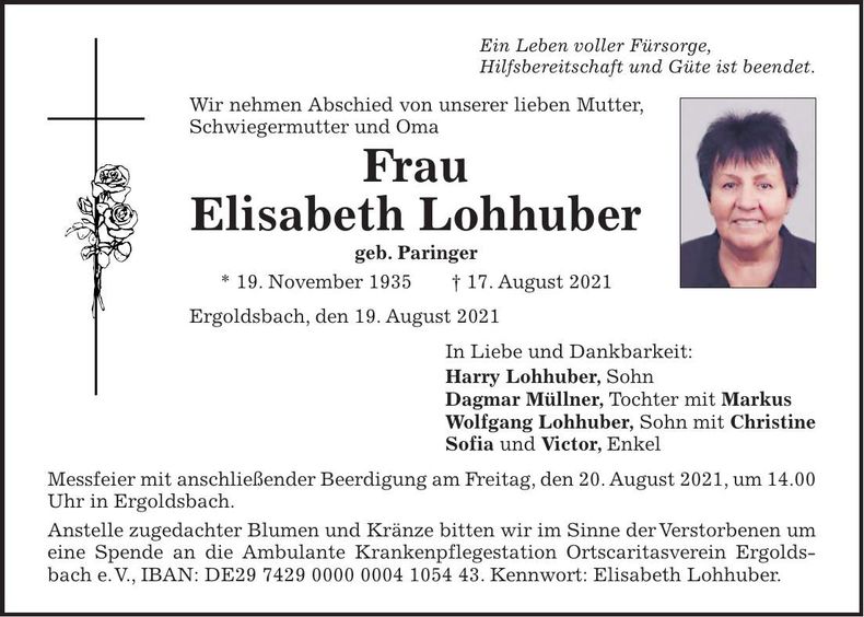 Traueranzeige Elisabeth Lohhuber