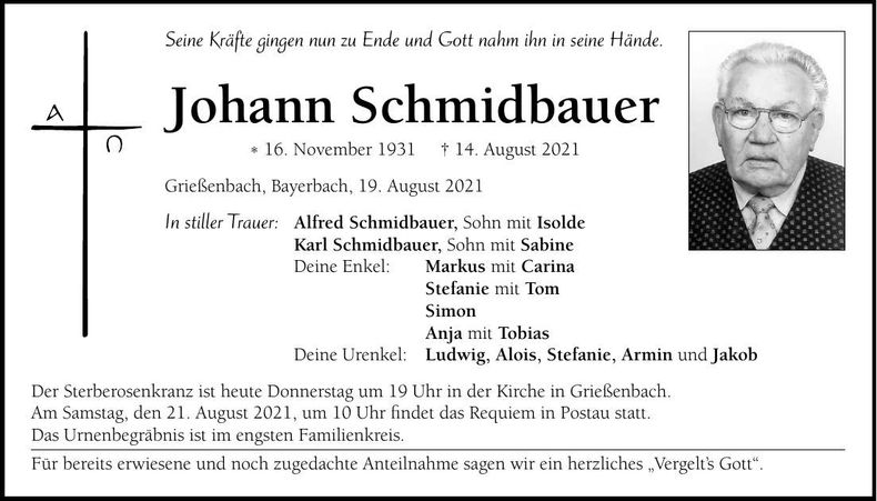 Traueranzeige Johann Schmidbauer