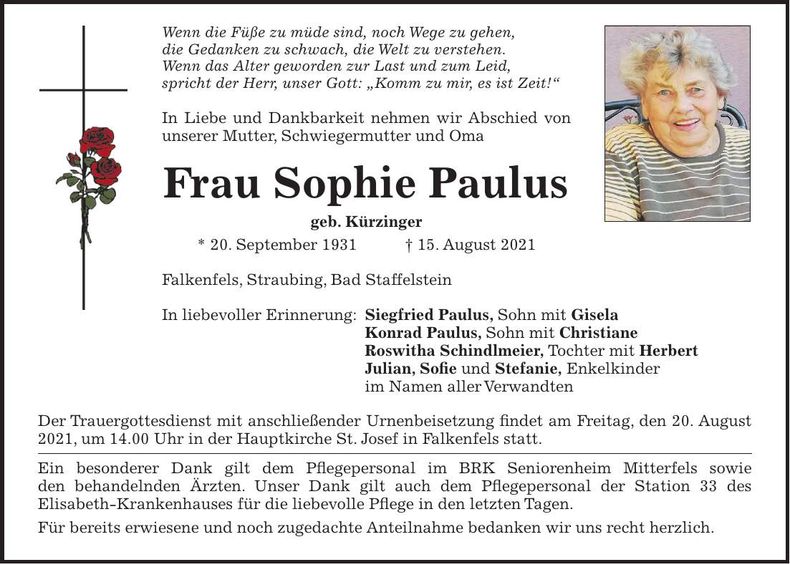 Traueranzeige Sophie Paulus