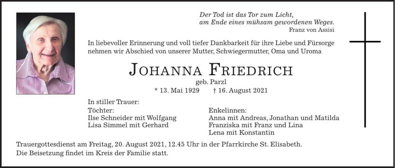 Traueranzeige Johanna Friedrich