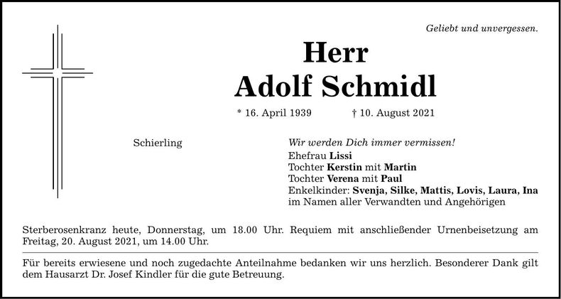 Traueranzeige Adolf Schmidl
