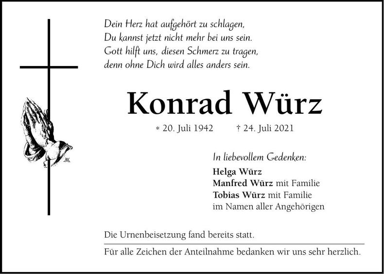 Traueranzeige Konrad Würz