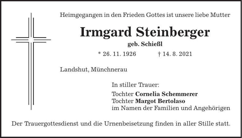 Traueranzeige Irmgard Steinberger