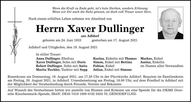 Traueranzeige Xaver Dullinger