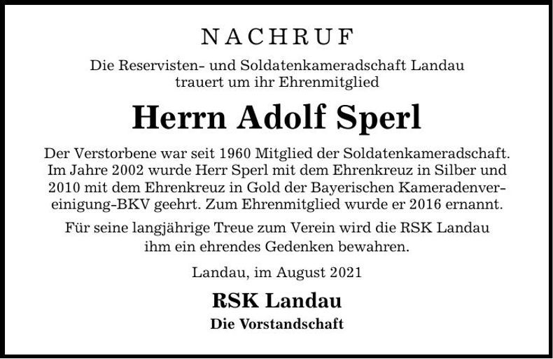 Traueranzeige Adolf Sperl