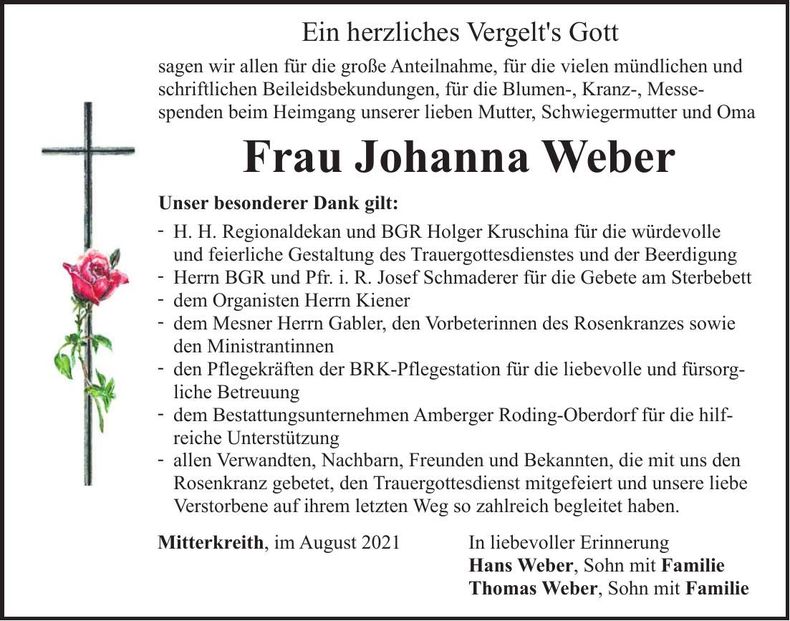 Traueranzeige Johanna Weber