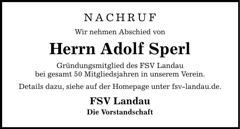 Traueranzeige Adolf Sperl