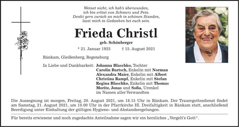Traueranzeige Frieda Christl