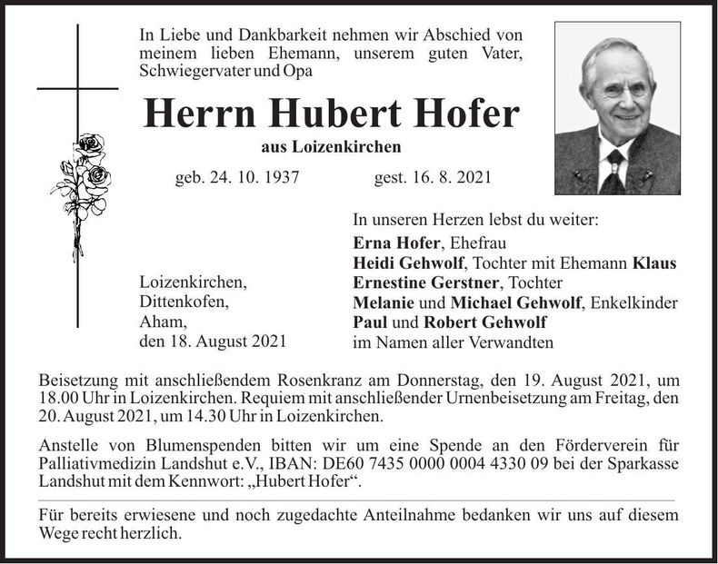 Traueranzeige Hubert Hofer