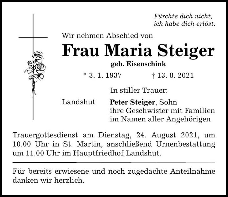 Traueranzeige Maria Steiger